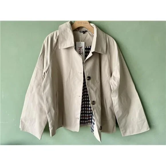 Women's Oversize Trench Coat Plaid Lining Lapel Button Down Casual Crop Jacket - Picture 6 of 8